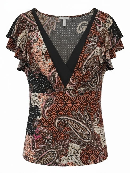 Cocomo Tops - Cocomo Paisley V-Neck Flutter Sleeve Top - Black, Brown, Pink, Cream